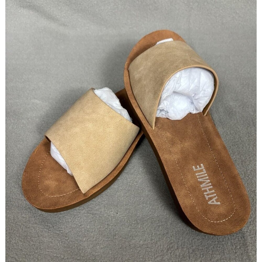 ATHMILE Women's Flats Banded Dressy Slide On Sandals Non Slip Brown 6 NWB.
